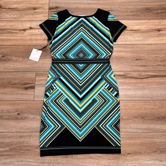 Calvin Klein Sheath Dress SZ 6 Pullover Stretch Turquoise Yellow Short Sleeve - Picture 8 of 11